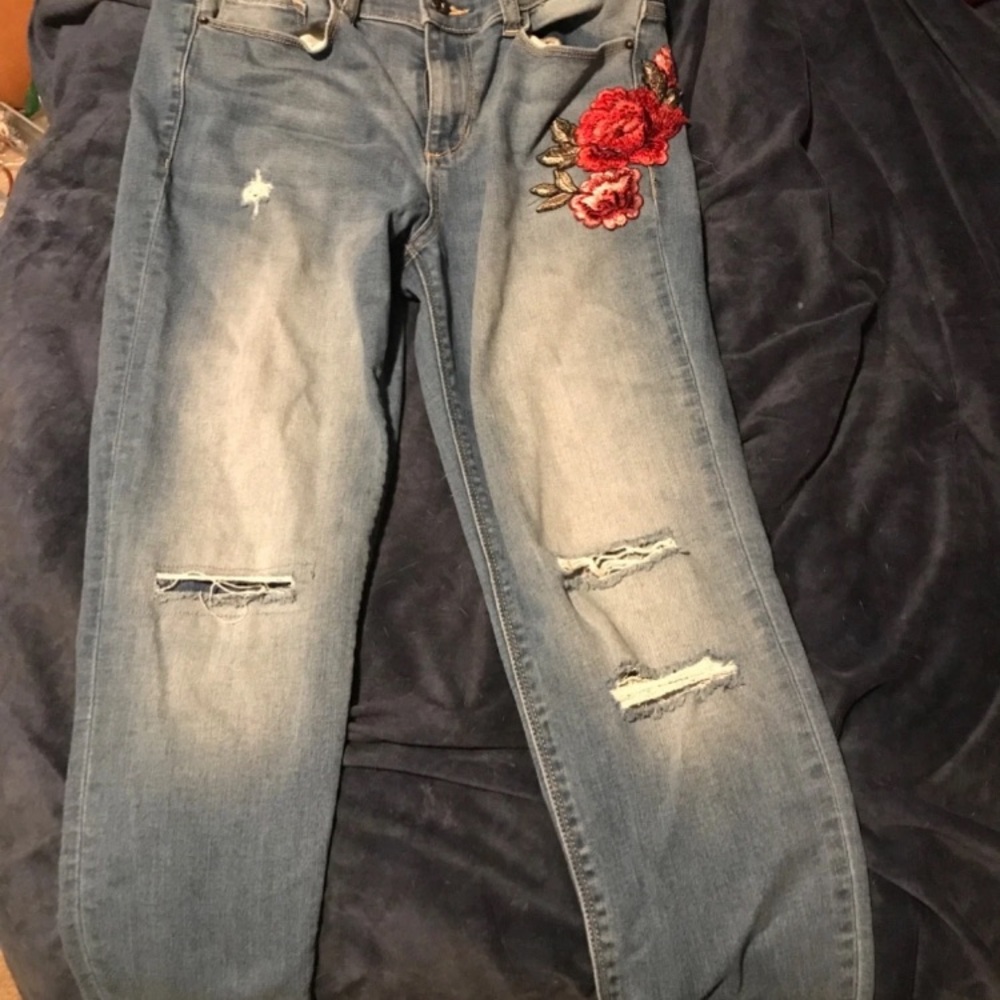 Sneak Peek Light Blue Distressed Boyfriend Jeans with Red Floral Patch